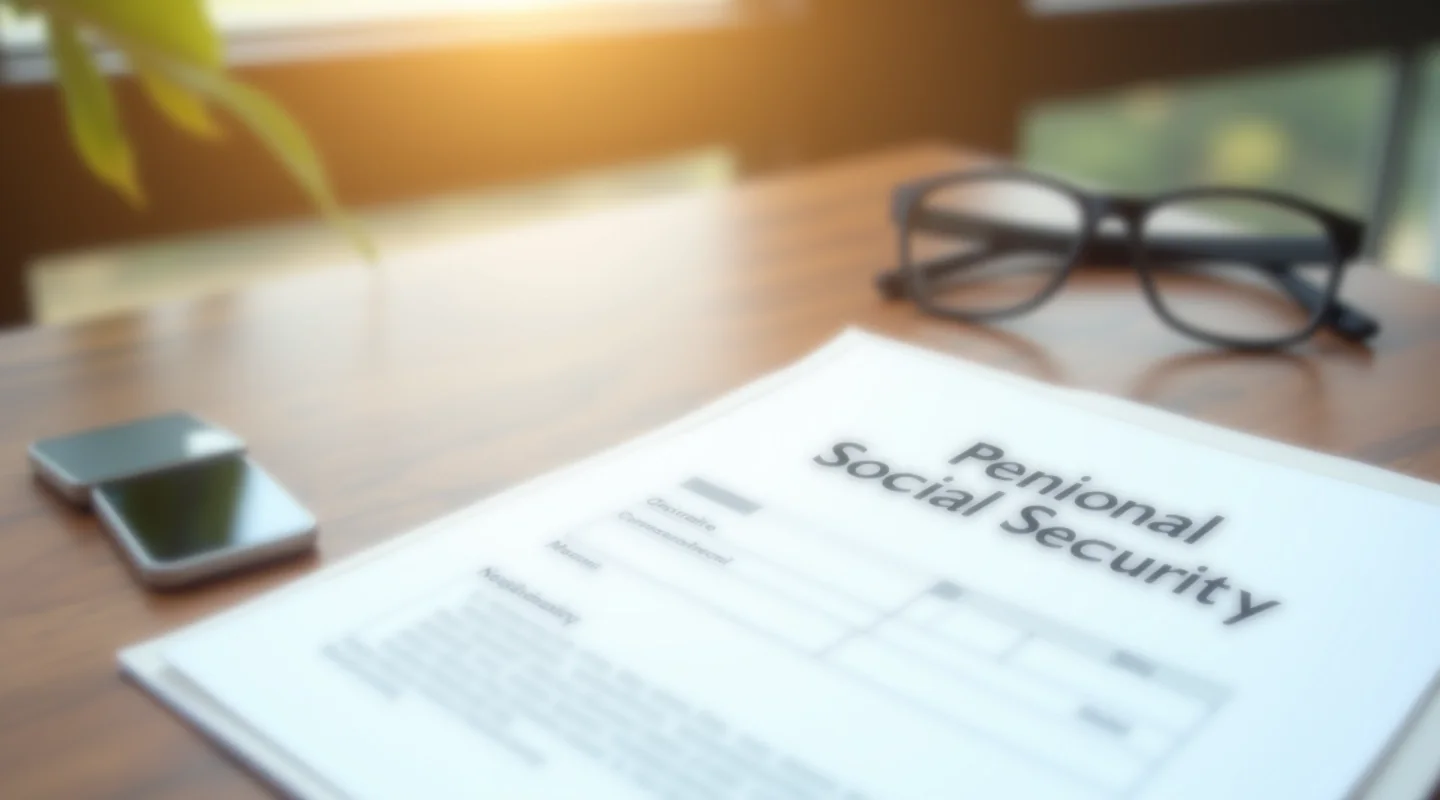 Documentación oficial de la Seguridad Social sobre pensiones sobre una mesa de despacho
