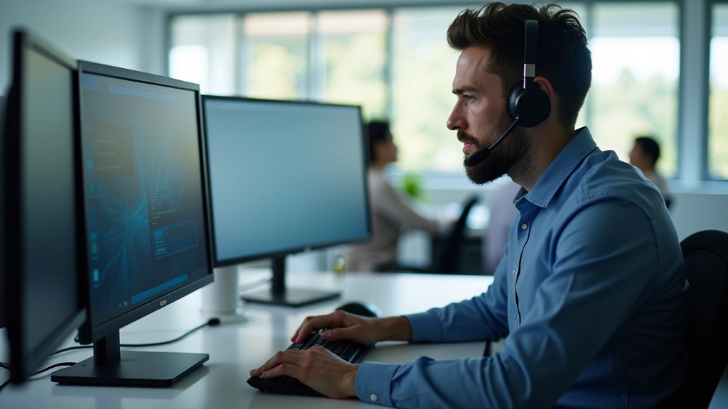 Técnico de suporte ao computador trabalhando na mesa com monitor duplo e ferramentas de diagnóstico