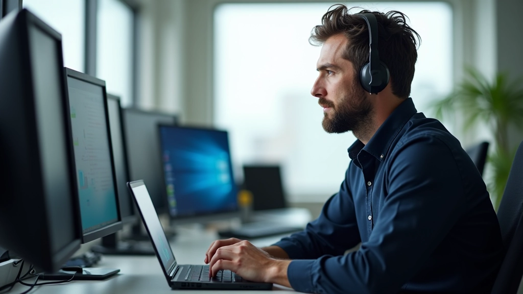 Pessoa trabalhando num computador portátil em ambiente de trabalho profissional com dois monitores