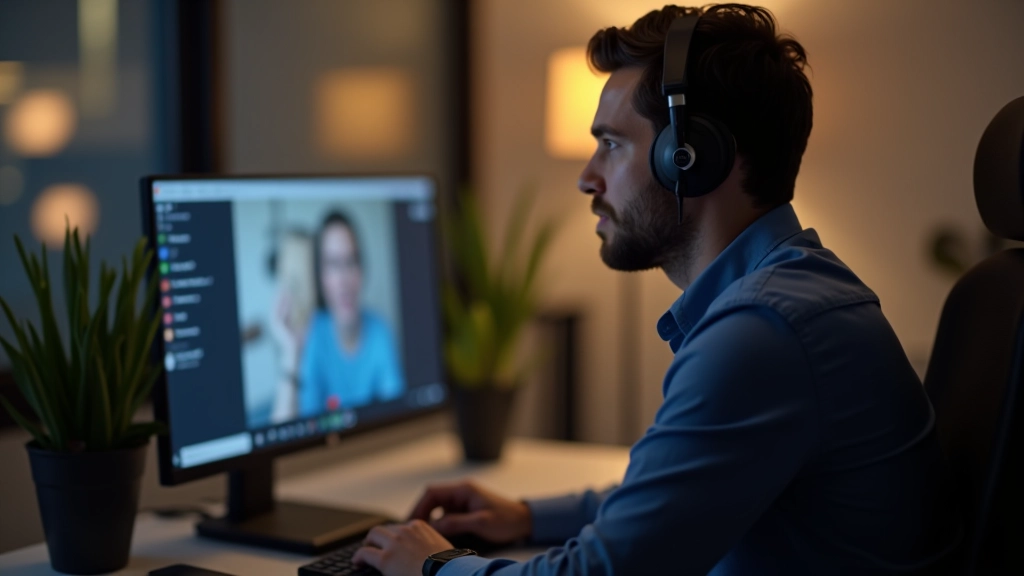Técnico em suporte remoto atendendo cliente através de videoconferência em monitor